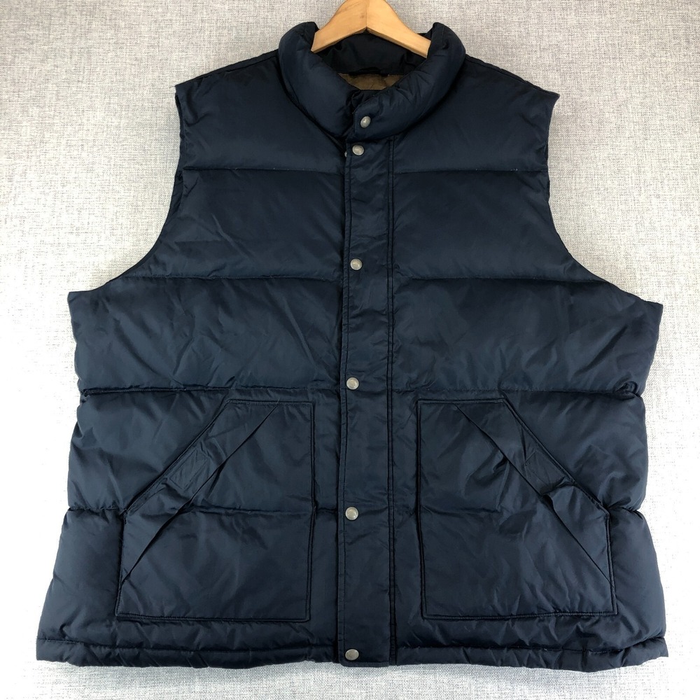 Lands End Goose Down Feather Puffer Blue Vest Snap Front Mens XXL Gilet Heritage